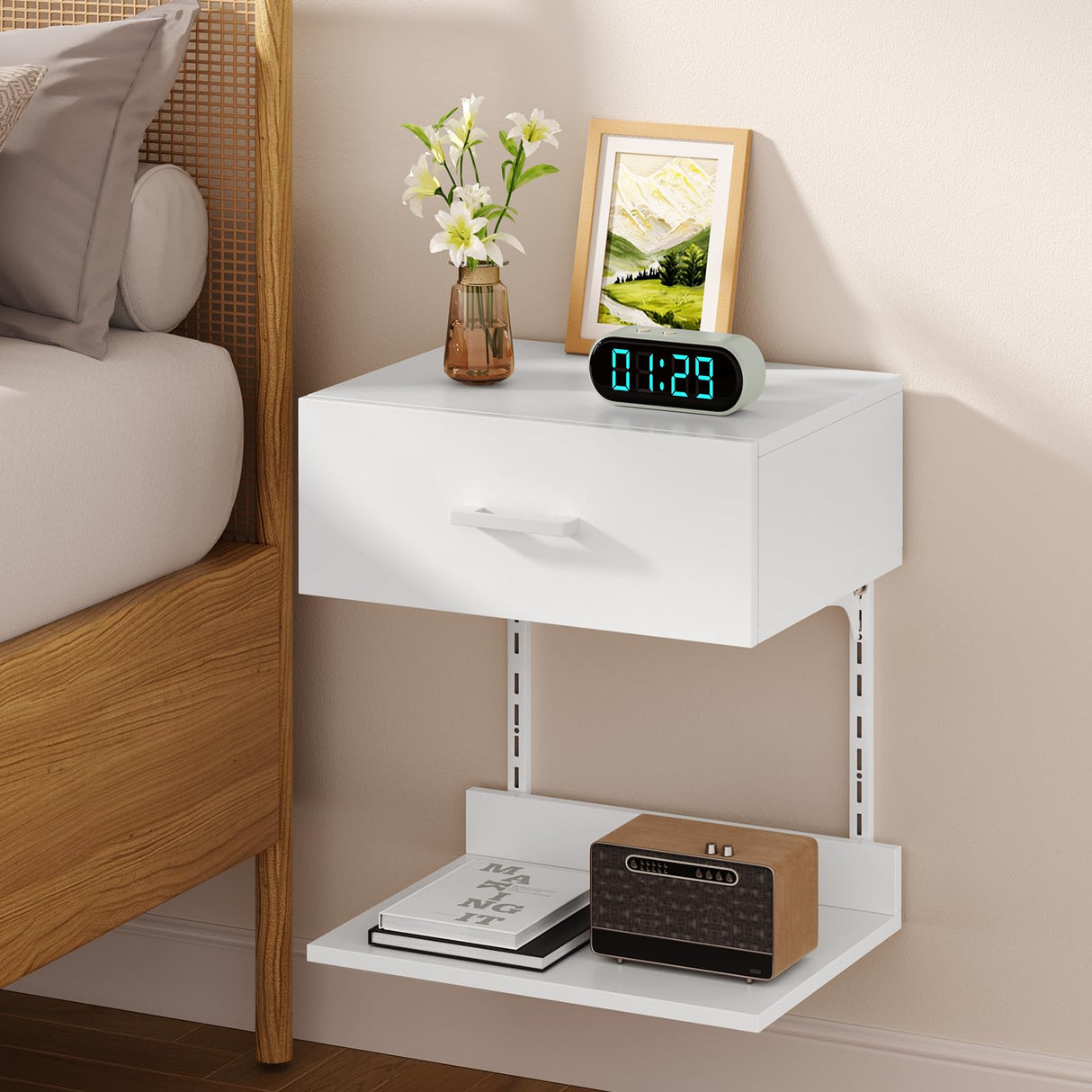 Asgolion Floating Nightstand with Drawer, Modern Wall Mounted Nightstand, Floating Bedside End Table with Adjustable Shelf, Floating Night Stand, for Bedroom, Small Spaces, Bathroom, White Asgolion