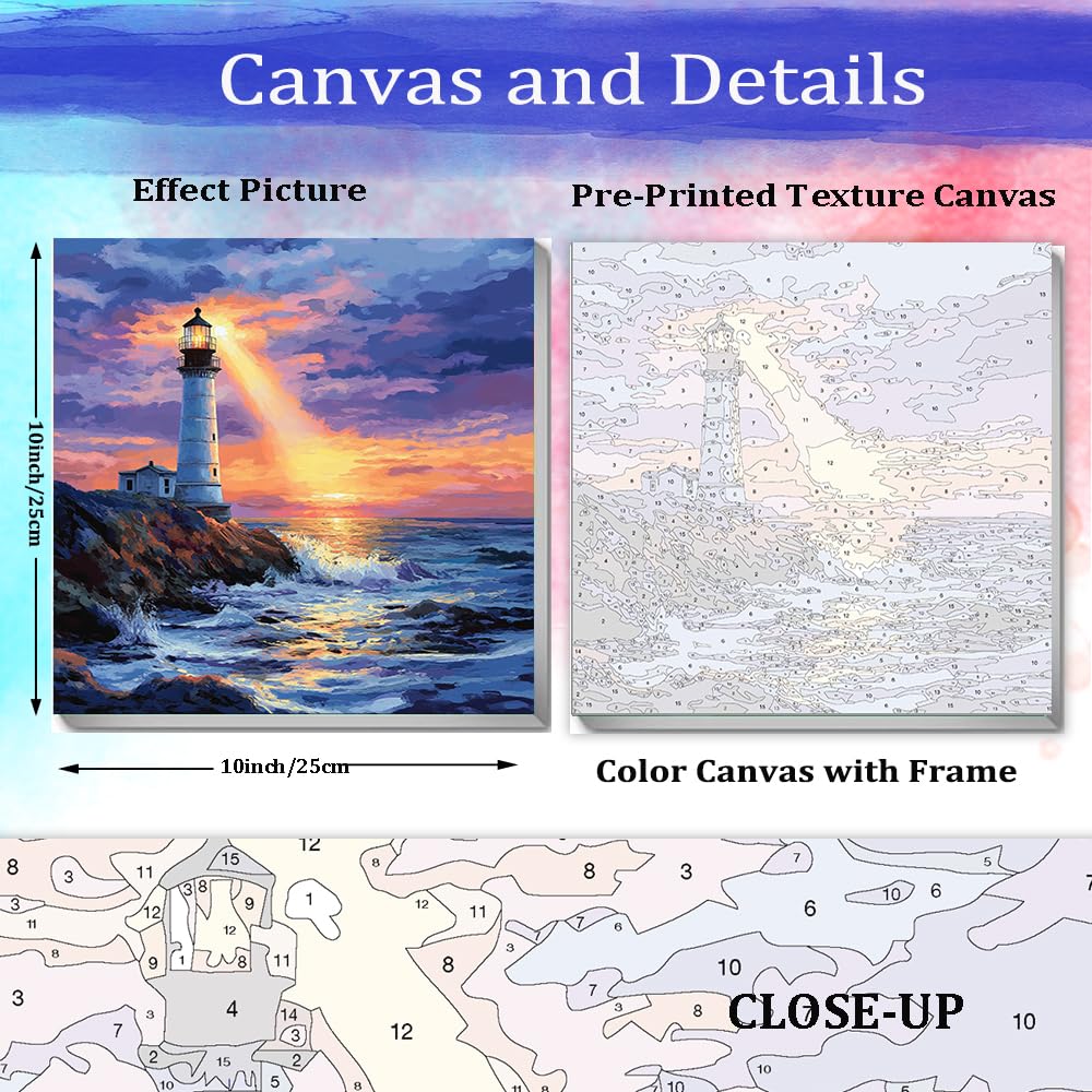 JUJUHOOD Sunset Lighthous Framed Paint by Numbers Kit for Adults Beginner & Kids Ages 8-12,Seaside Paint by Number Without Easel,Paint by Numbers for Gift Home Wall Decor (10x10Inch) JUJUHOOD