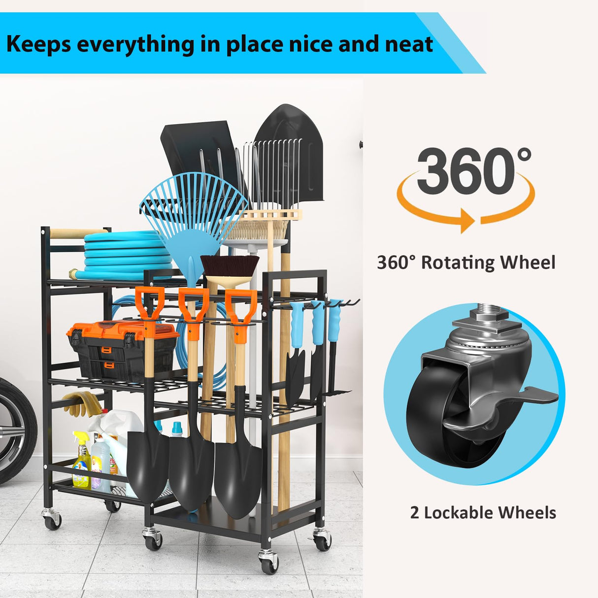 NADAMOO Garden Tool Organizer with Rolling Wheel, 3-tier Metal Shelf Yard Tool Holder, Utility Stand Rack for Garage Organization and Storage, Hold Long-Handled Rakes, Shovel, Broom NADAMOO