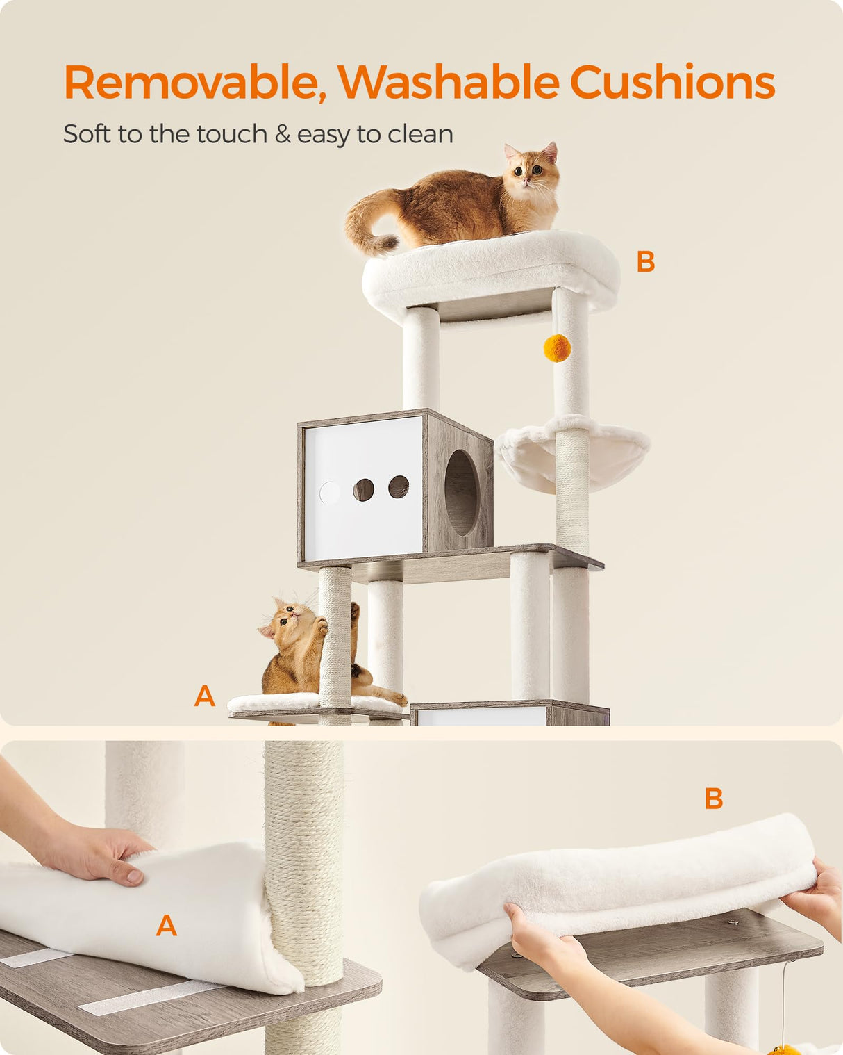 Feandrea Cat Tree with Litter Box Enclosure, 2-in-1 Modern Cat Tower, 72.8-Inch Tall Cat Condo with Scratching Posts, Perch, Caves, Basket, Washable Cushions, Heather Greige UPCT116G01 Feandrea