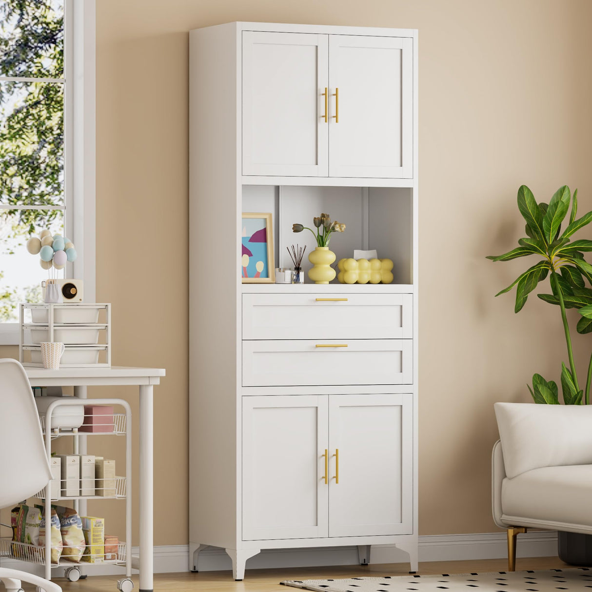 CXUZCZ Kitchen Storage Cabinet,Tall Metal Pantry Storage Cabinet with Door Drawers and Adjustable Shelves,Freestanding Cupboard for Kitchen Dining Room Bedroom Home Office and Bathroom (White 75 ") CXUZCZ