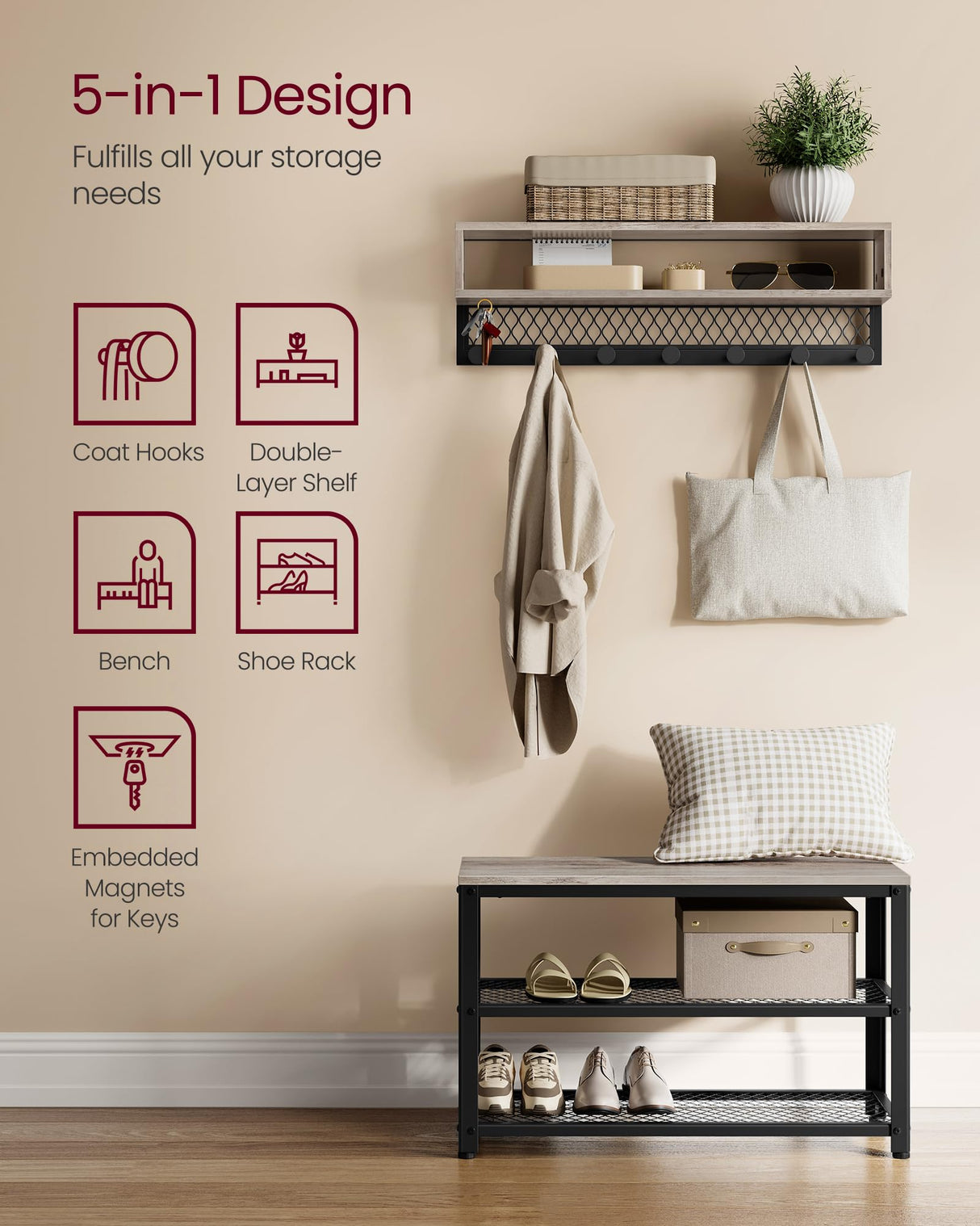 VASAGLE Coat Rack Shoe Bench Set, Hall Tree with Bench, Entryway Furniture, Multifunctional, Dot Coat Hooks, 2-Tier Shoe Rack, Industrial Style, for Entryway, Hallway, Heather Greige ULCR073K02 VASAGLE