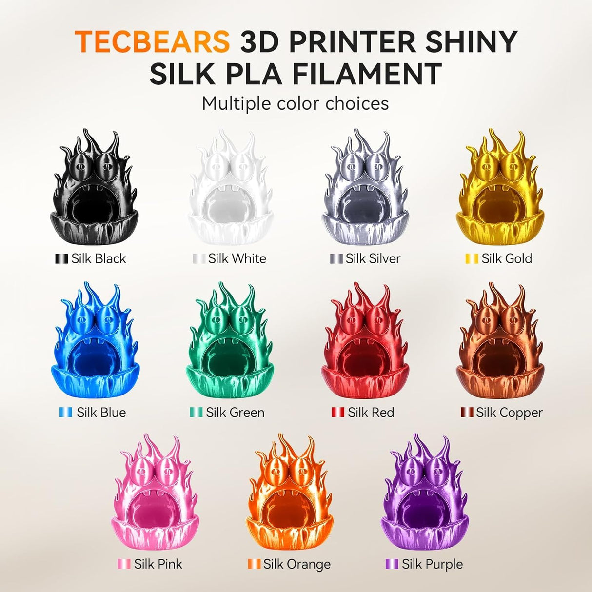 TECBEARS Silk Filament 1.75, Shiny Silk PLA Filament, 3D Printer Filament with Smooth Silky Surface, 250G Spool, 8 Rolls, Gold+Silver+Purple+Green+Blue+Pink+Orange+Red Copper TECBEARS