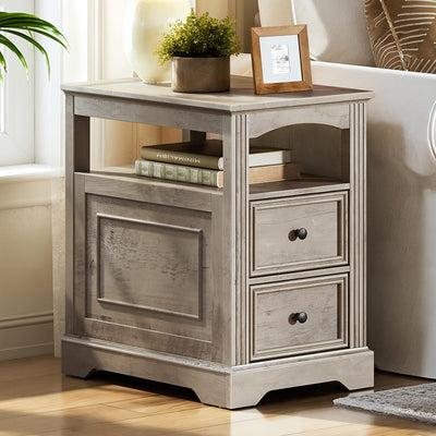 RALGEND Farmhouse End Table with 2 Drawers, Narrow Sofa Side Table with Storage and Open Shelf, Wooden Nightstand for Small Spaces, Bedroom, Living Room, Greige