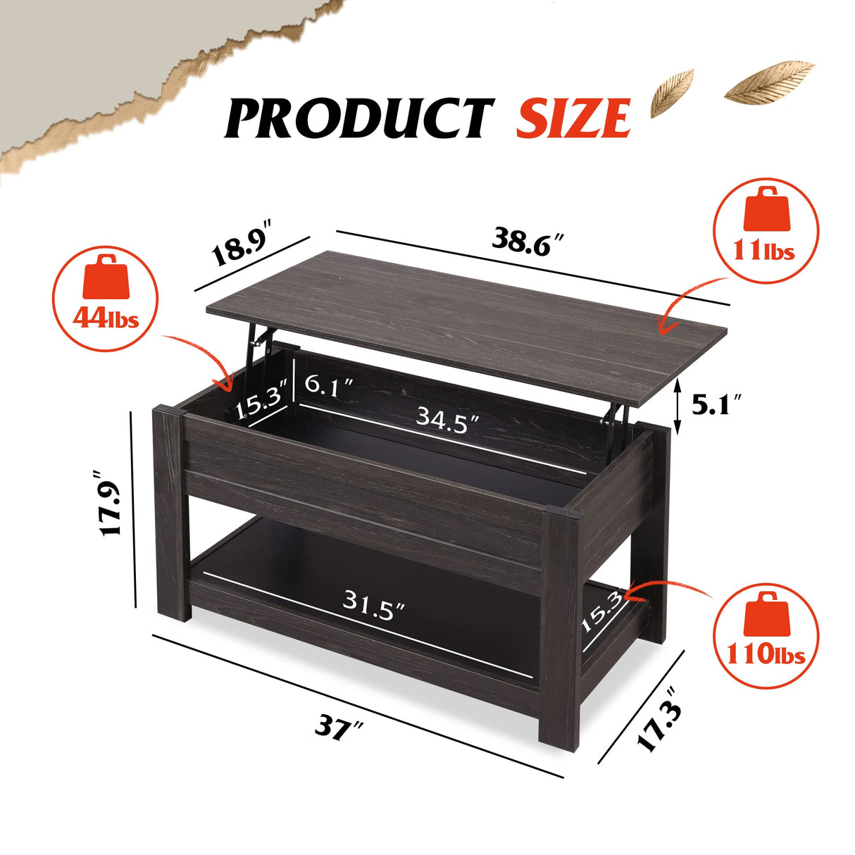 WLIVE Modern Lift Top Coffee Table,Rustic Coffee Table with Storage Shelf and Hidden Compartment,Wood Lift Tabletop for Home Living Room,Black. WLIVE