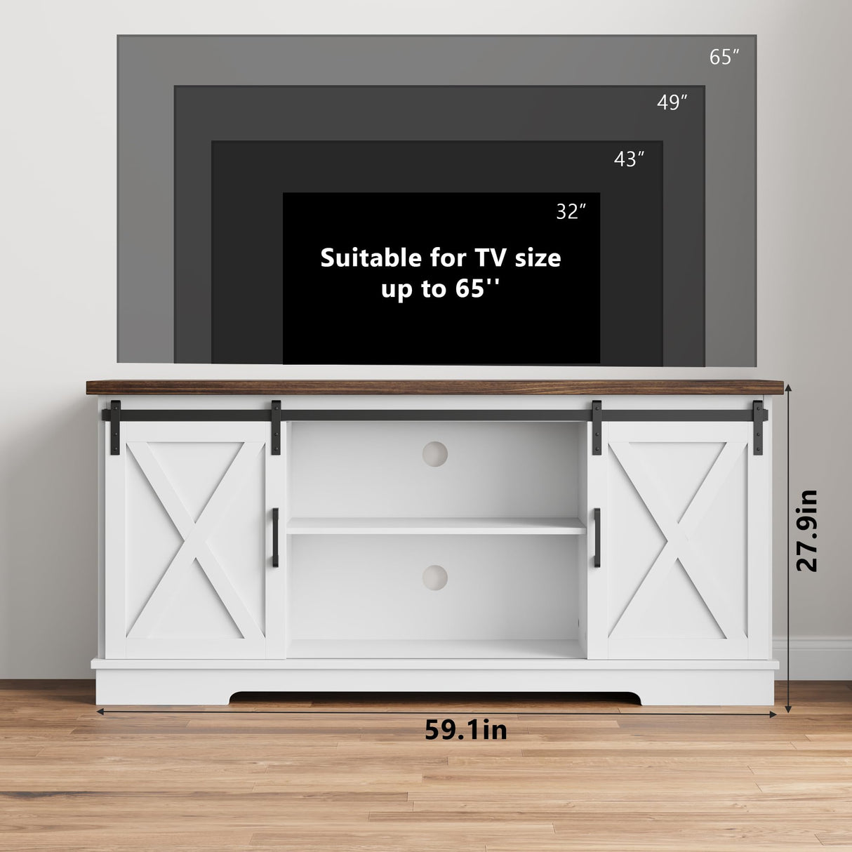 CABIHOME Farmhouse Tv Stand for 65 Inches TVs, Entertainment Center with Storage and Sliding Barn Doors, Adjustable Shelf Modern Media TV Console TV Stand Table for Living Room, Bedroom, White CABIHOME