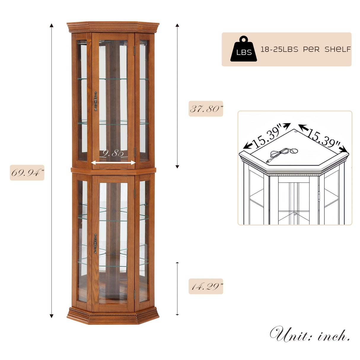 Eyisean Lighted Corner Curio Cabinet 70" Glass Display Cage with 6 Tempered Adjustable Shelves, Freestanding Home Bar Cabinet with Door, Rack for Liquor Storage and Living Room (Oak) Eyisean