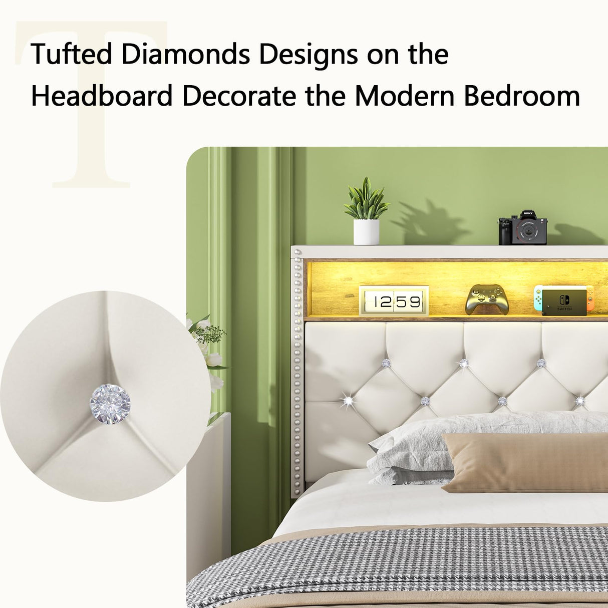 HOMBCK Full Size Bed Frame with LED Lights, Velvet Upholstered Bed with Charging Station and Storage Headboard, Modern Bed Frame with Diamond Design, No Box Spring Needed, Easy Assembly, White HOMBCK