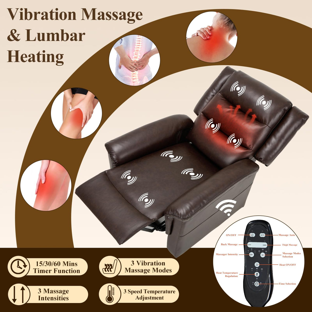 COLAMY PU Leather Power Lift Chair with Massage and Heat,Electric Lift Recliner Chair with Thick Cushioned Padding Backrest for Living Room, Office, Bedroom (Darkbrown) COLAMY