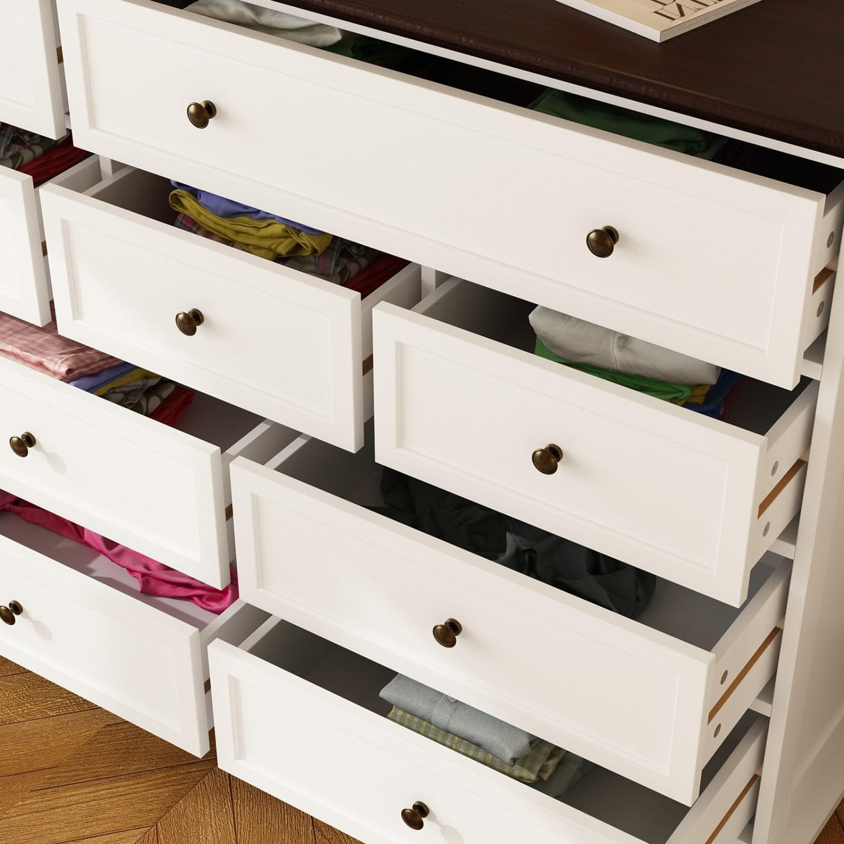 TAMUNE 12 Drawer Dresser Chest of Drawers, White Dresser for Bedroom, Retro Wood Dressers with 12 Drawers, for Living Room Bedroom Hallway, White and Brown 15.7”D x 61”W x 31.5”H TAMUNE