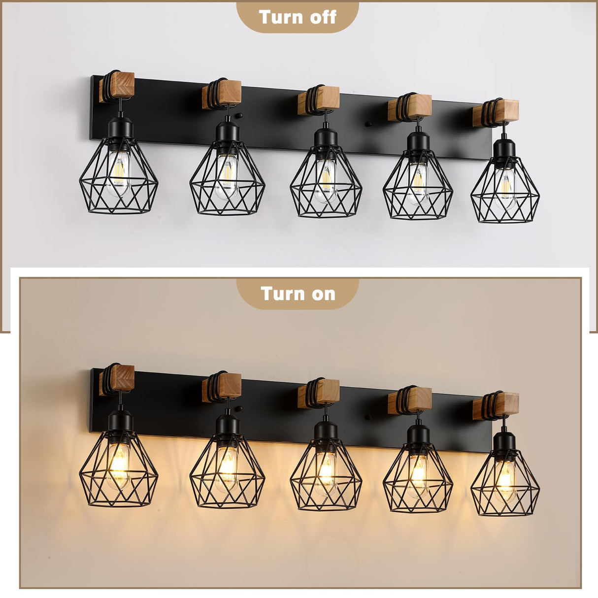 Farmhouse Bathroom Vanity Light Fixtures, 5-Light Wood Bathroom Light Fixtures Over Mirror, Rustic Sconces Wall Lighting with Elegant Metal Lampshade for Living Room, Bedroom, Hallway… maesta