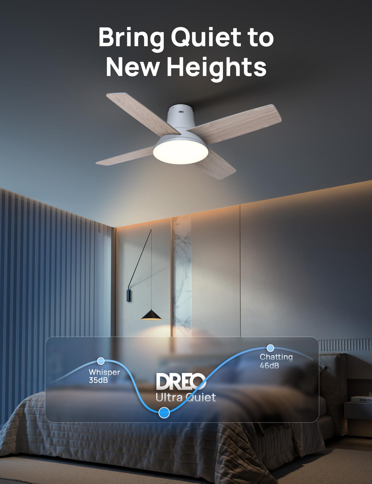 Dreo Ceiling Fans with Lights and Remote Control, 44 inch Low Profile Ceiling Fan, Flush Mount, Reversible, 5 CCT, 6-Level Dimmable, 6 Speeds Ceiling Fan for Bedroom, Quiet, Easy to Install, Timer Dreo