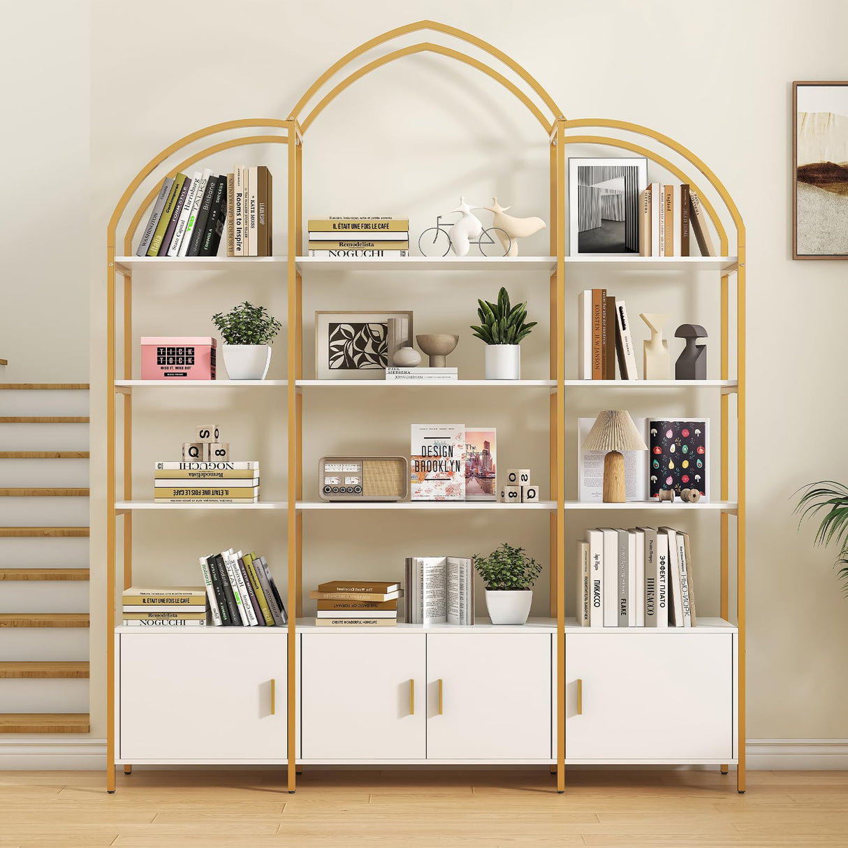 Semoic Arched Bookshelves and Bookcases: Triple Wide 5-Tier Large Open Bookshelf, Etagere Bookcase with Display Shelf for Home Office, White and Gold Semoic
