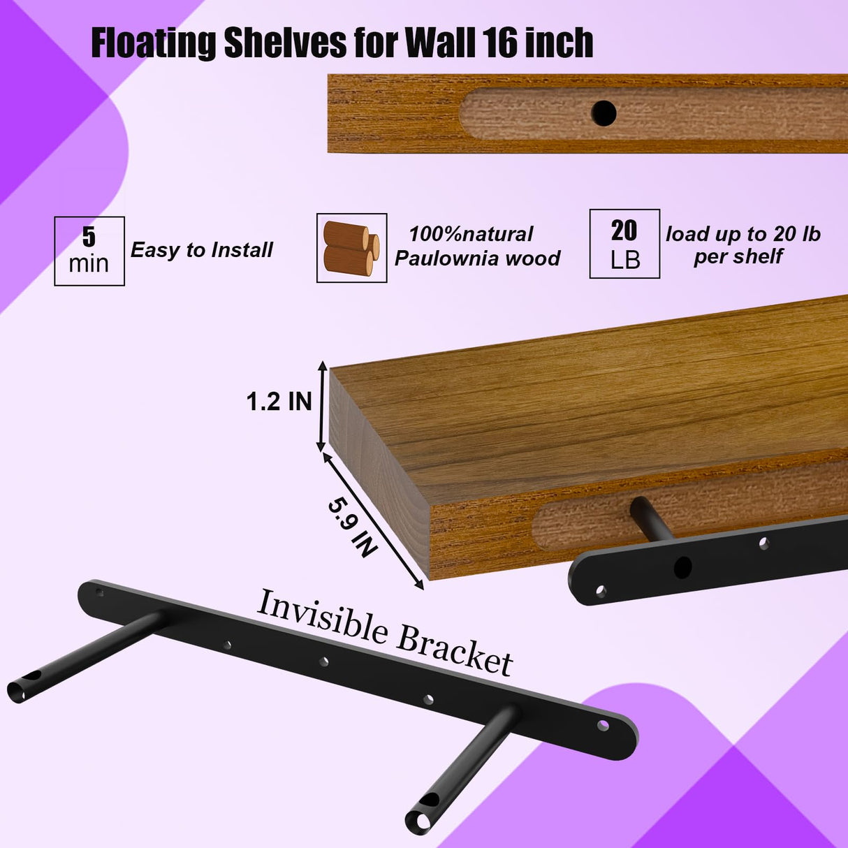IAE Walnut Floating Wall Shelves 16 inch, Bathroom Shelves Wall Mounted,Invisible Shelf Floating Kitchen Shelves,Wooden Wall Shelving with Brackets for Living Room Wall Mounted,Easy Install,Set of 2 IAE