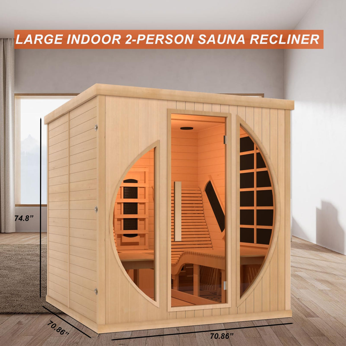 Smartmak Far Infrared 2 Person Recliner Sauna Room, Indoor Canadian Hemlock Sauna Room, Ceramic Tube and Carbon Crystal Heating Panel, 7 Color Light, Oxygen Bar, Bluetooth Speaker (220V, 3400W) Smartmak