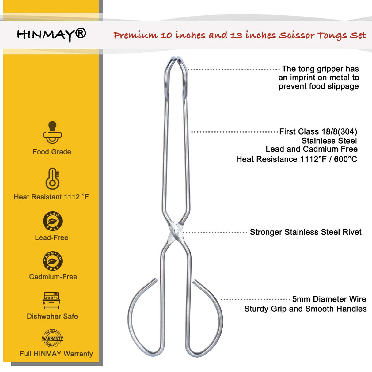 HINMAY Stainless Steel Scissor Tongs 10" and 13" Set, Kitchen Cooking Tongs, Set of 2 HINMAY