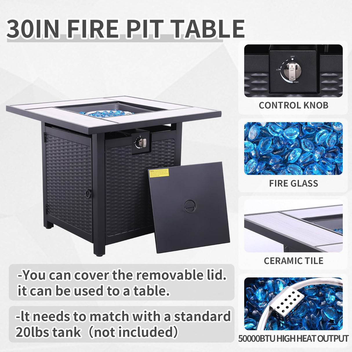 Valita 6 PCS Patio Furniture Set Outdoor Sectional Wicker Conversation Couch Brown Rattan Sofa Chairs with Ottoman 50,000BTU Adjustable Fire Pit Table and Peacock Blue Anti-Slip Cushions Valita