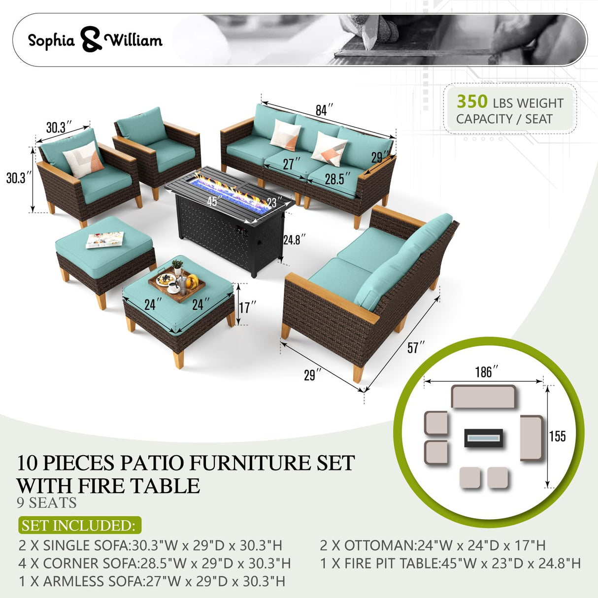 Sophia & William Patio Furniture Set with Fire Pit Table, 10 Piece Outdoor Wicker Furniture Sectional Sofa, Extra Large Patio Rattan Conversation Set with Ottoman & 45" Fire Pit Table(Aqua Blue) Sophia & William