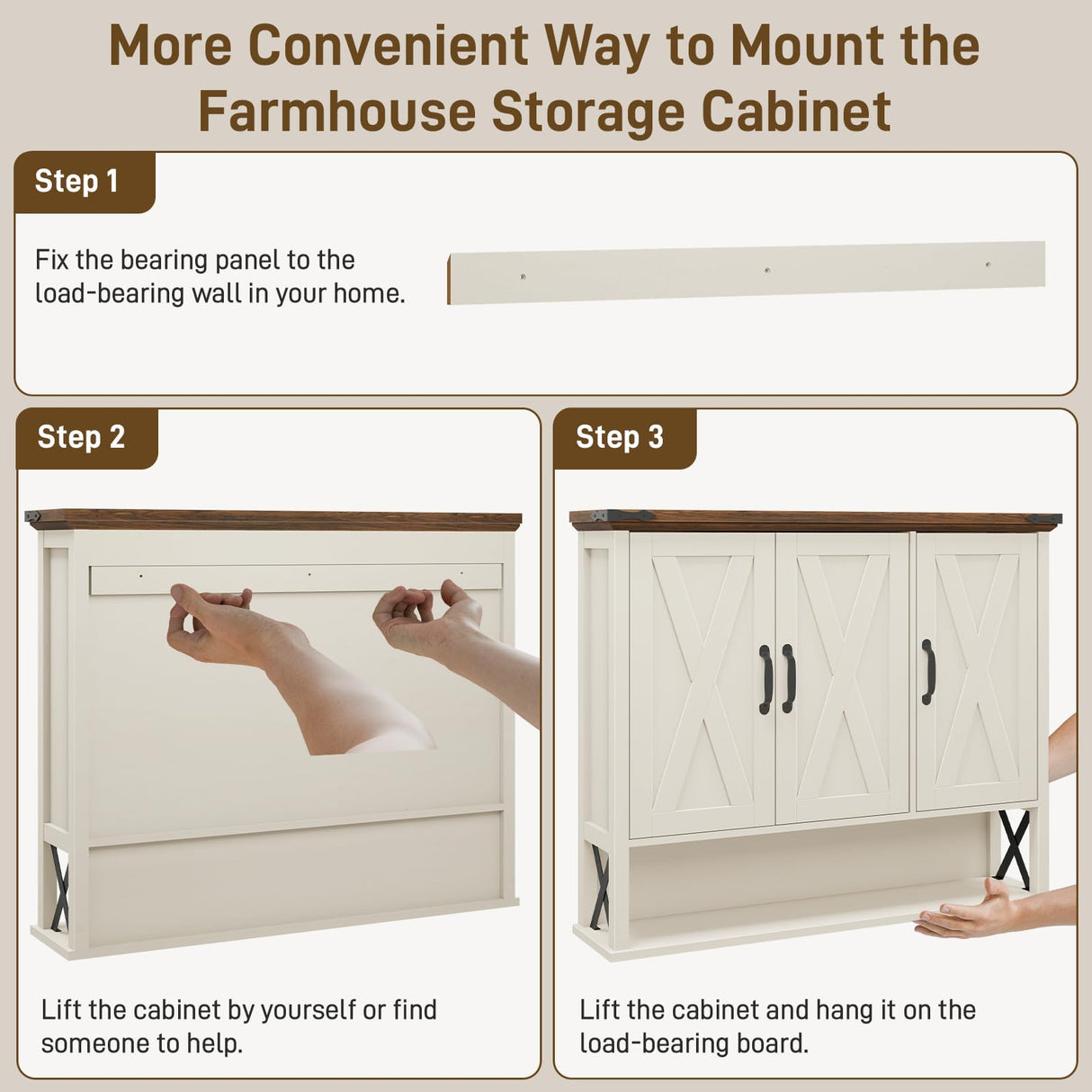 Halitaa Bathroom Wall Cabinet, Farmhouse Medicine Cabinet with Adjustable Wood Shelf & 3 Doors, Over The Toilet Storage Cabinet for Wall Mounted for Bathroom Laundry Room Kitchen, White and Brown Halitaa