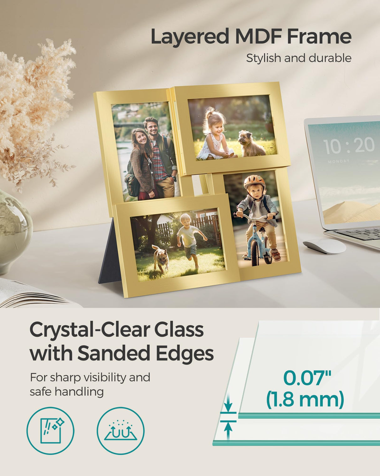 SONGMICS 4x6 Collage Picture Frames, Family Photo Collage Frame Set of 4 for Wall Decor, Glass Front, Wall Hanging or Tabletop, Pale Gold SONGMICS