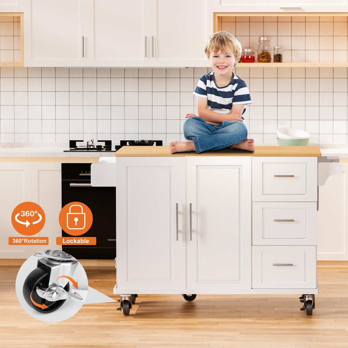 HiDSLiving Kitchen Island 54" Large Rolling Kitchen Island Cart On Wheels with Drop Leaf 3 Drawers 1 Cabinet,Spice Towl Rack Mobile Kitchen Table with Storage, White HiDSLiving