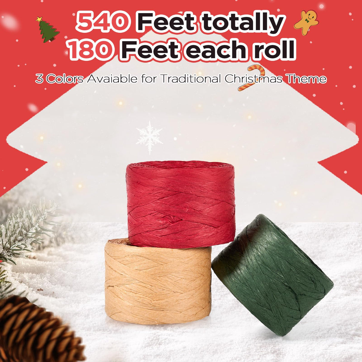 Sooez 3 Rolls Raffia Ribbon Twine String, 540 Feet Christmas Wrapping Paper for Crafts, Red Green Natural Christmas Ribbon for Gift Wrapping, Raffia Yarn for Holiday DIY Supply, 180 Feet Each Roll Sooez