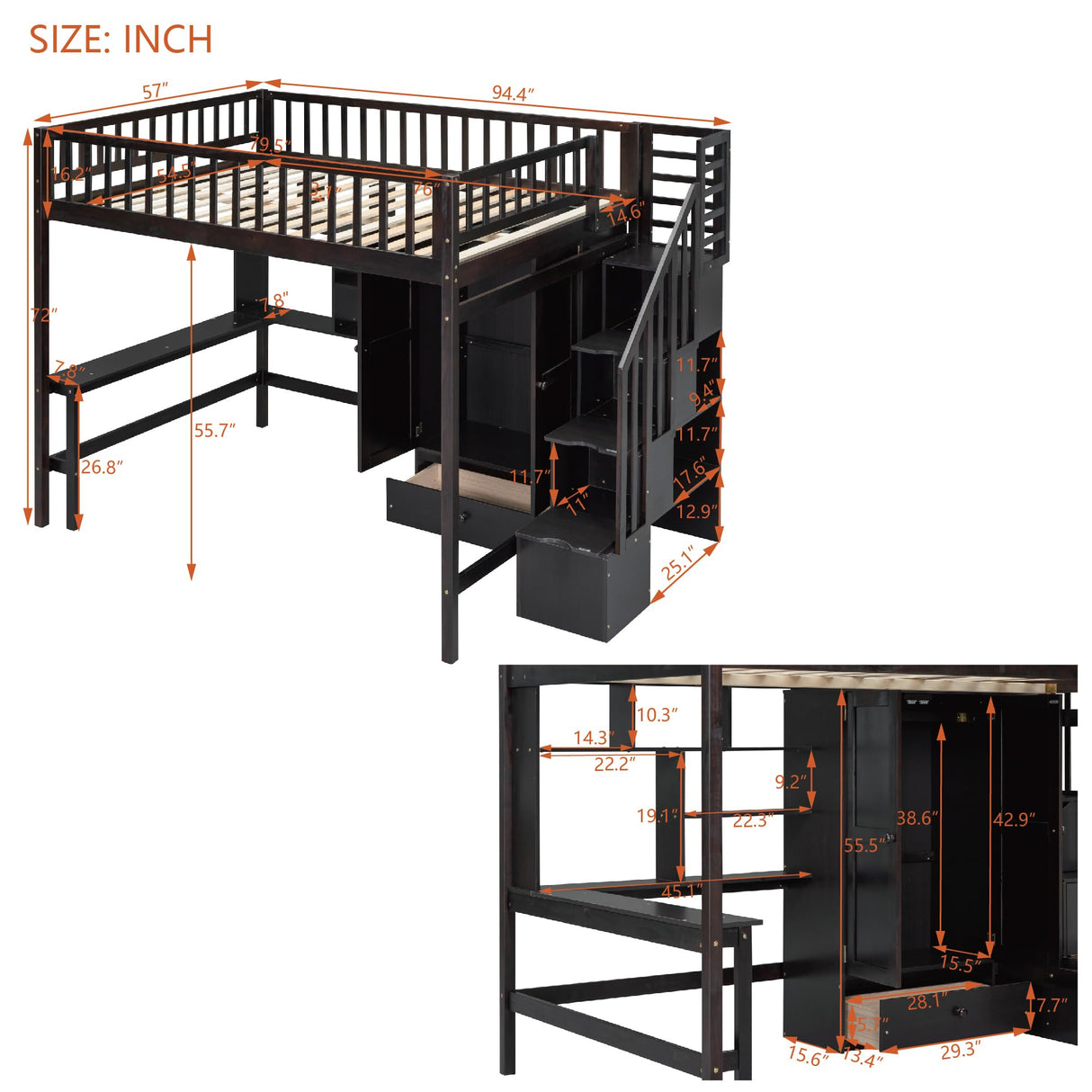 Espresso Full Size Loft Bed with Storage Stairs, Desk, Bookshelf, and Wardrobe by Harper & Bright Designs Harper & Bright Designs