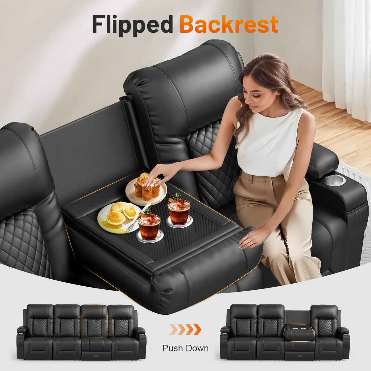 FURNIMAT Recliner Sofa, Modern Dual Reclining Sofa with Flip Back Console, 4 Seater PU Leather Recliner Couch for Living Room/RV, with Storage Drawer, USB Ports, Cup Holder, Cell Phone Holder, Black FURNIMAT