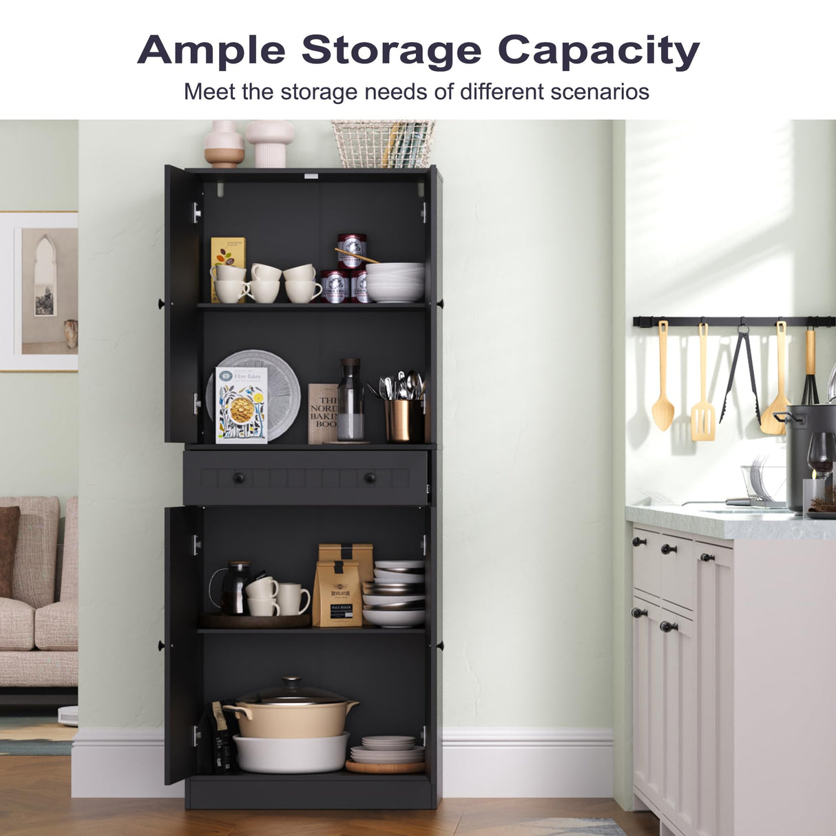 Furnify Kitchen Pantry Storage Cabinet, 71" H Farmhouse Pantry Cabinet with 4 Doors & Drawer, Freestanding Cupboard with Adjustable Shelves, Rustic Wood Cupboard for Kitchen, Dining Room, Black Furnify