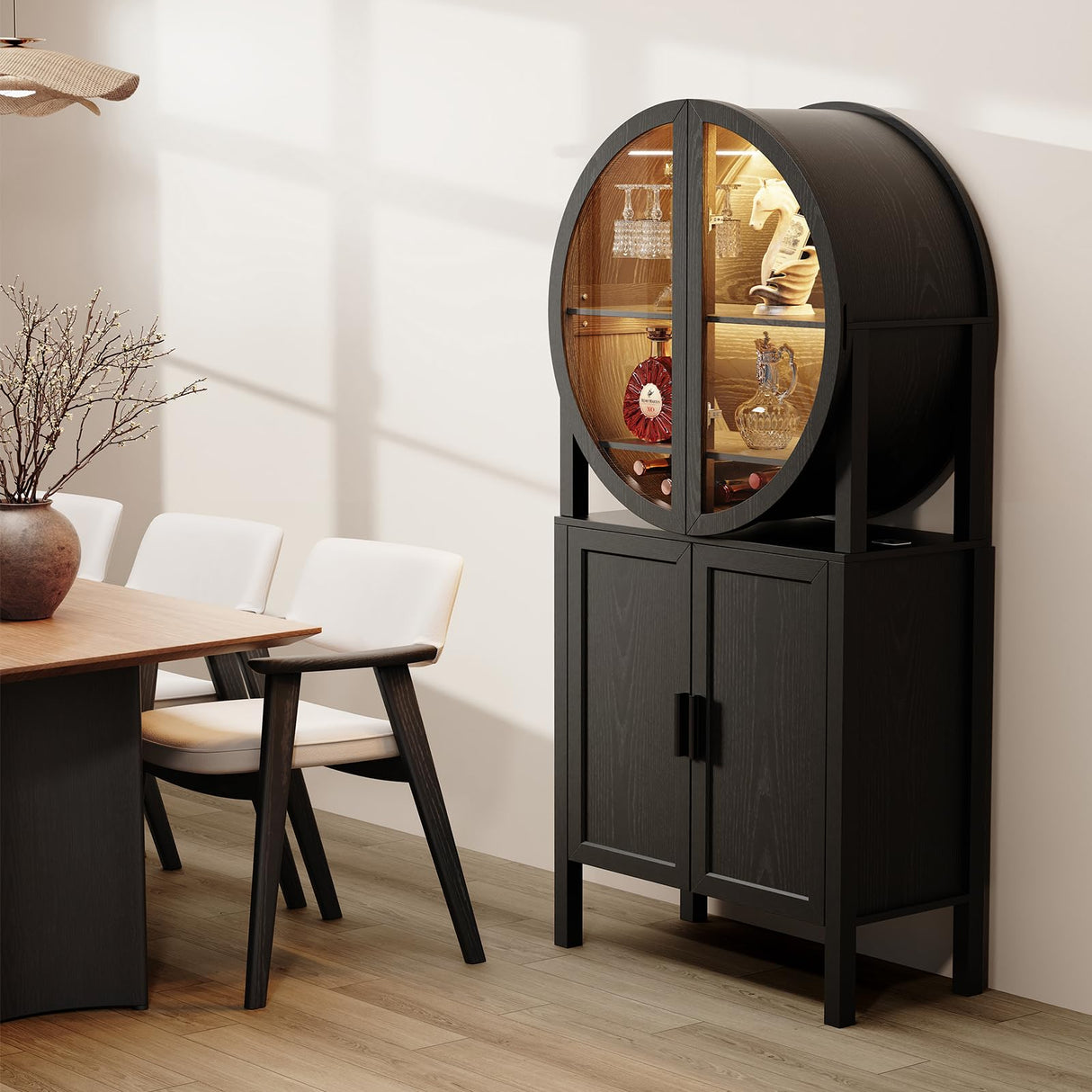 BROTTAR Rounded Kitchen Pantry, Bar Display Cabinet with LED Lights, 65" Tall Wine Storage Cabinet with Glass Doors & Shelves, Modern Liquor Cabinets for Dining Room, Kitchen, Living Room,Black BROTTAR