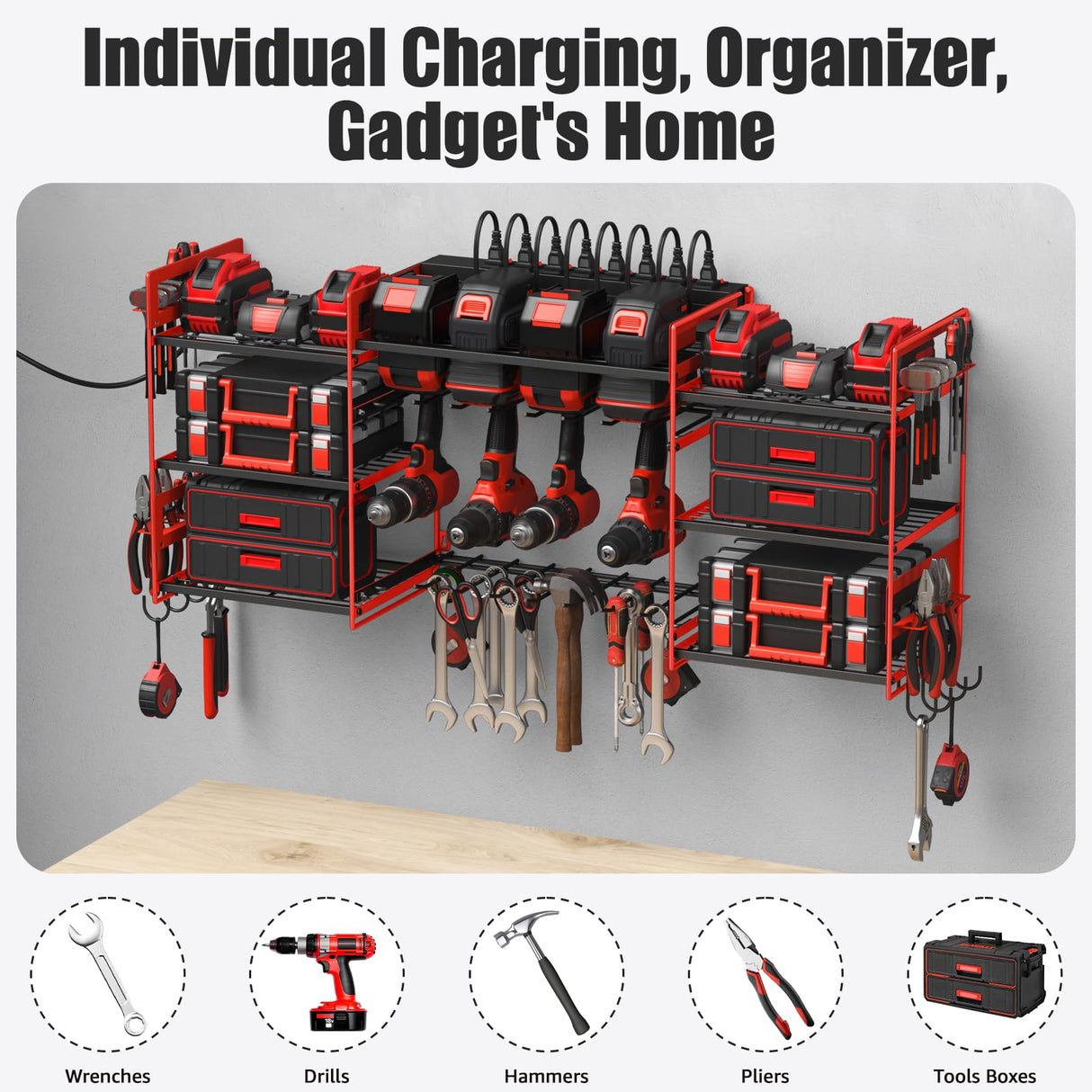 CCCEI Red Power Tool Organizer Wall Mount, Large Tools and Battery Storage Rack Charging Station Individual Switches. Drills Holder, Garage Utility Shelves with 6FT Power Strip. Gift for Men. CCCEI