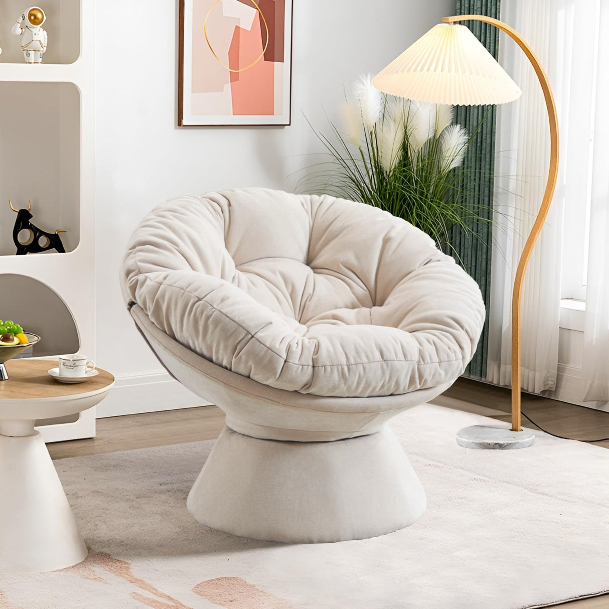 Papasan Chair,Papasan Chair with Cushion and Frame,Comfy Chenille Upholstered Round Reading Chair,Oversized 360° Swivel Accent Chair with Metal Base Lazy Chair for Bedroom,Living Room,Light Beige WIIS' IDEA