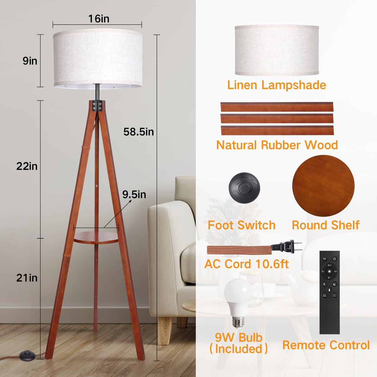 OUTON Dimmable Wood Tripod Floor Lamp with Shelves, Remote Control, Mid Century Modern Standing Lamp 58.5" for Bedroom, Living Room, and Office, Flaxen Lamp Shade Include E26 9W Bulb OUTON