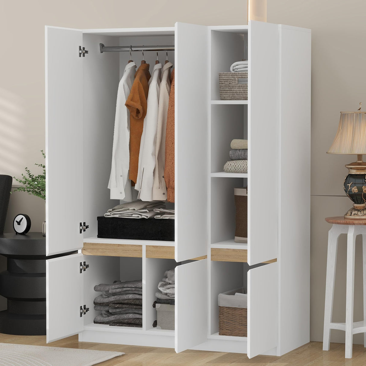 Merax 6-Doors Wooden Wardrobe Closet Storage Shelves and Hanging Rail for Clothes for Bedroom Organizer, White Merax