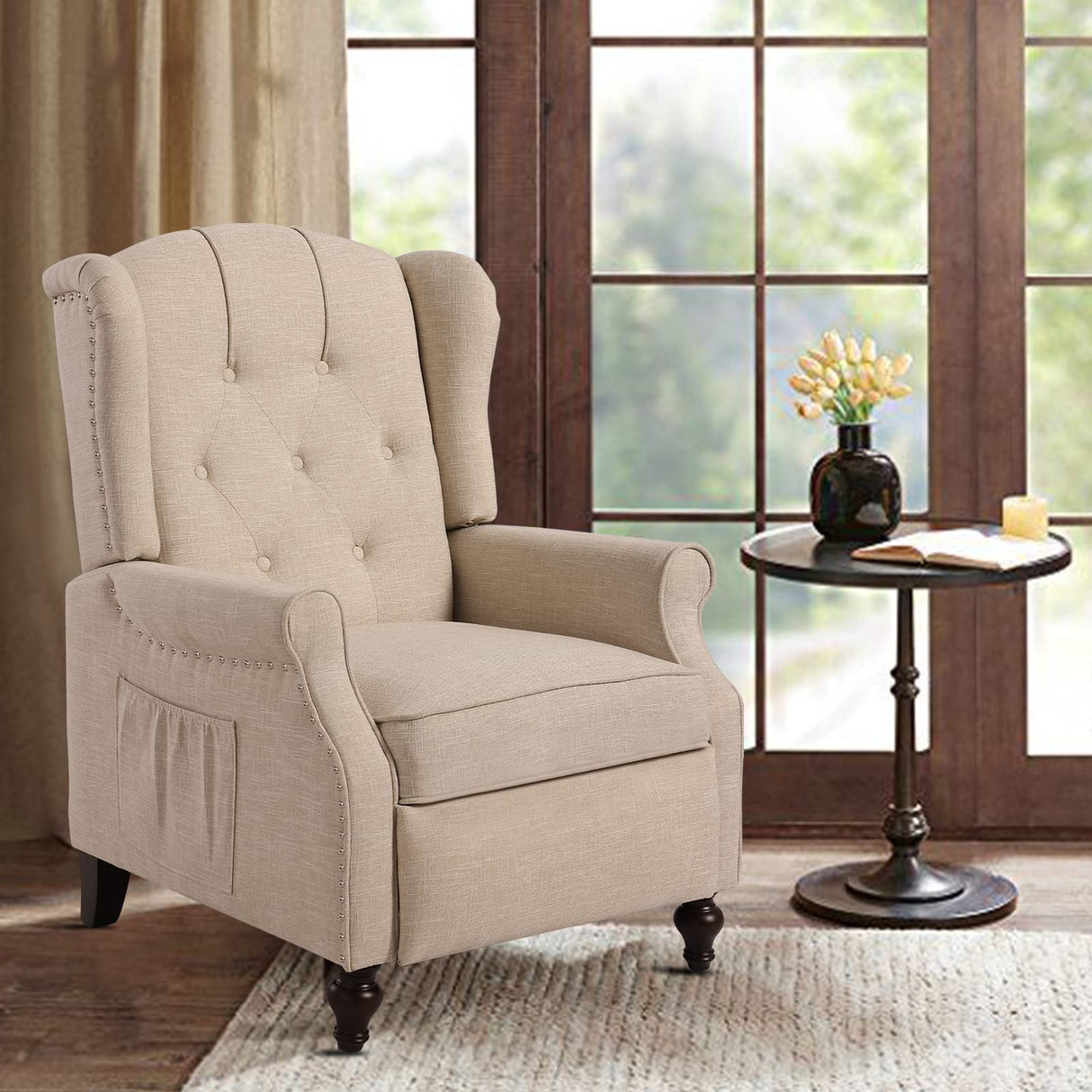 B BAIJIAWEI Set of 2 Recliner Wingback Chairs - Tufted Arm Chairs with Massage, Heat & Remote Control - Fabric Push Back Recliner with Heating Function, Adjustable Backrest (Beige) B BAIJIAWEI