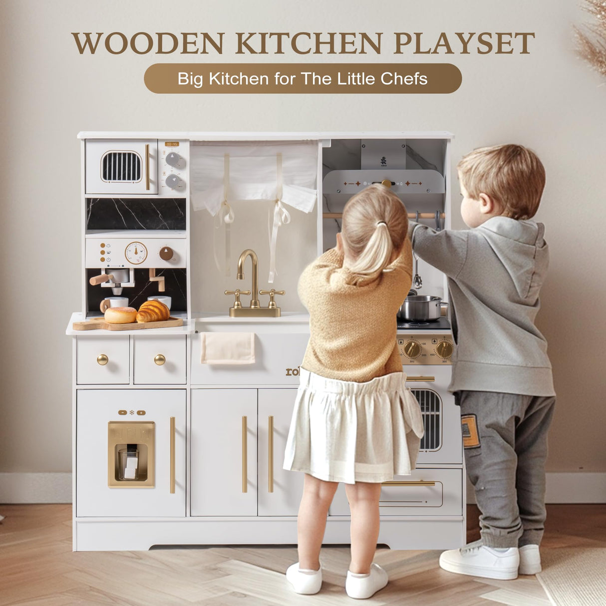 ROBUD Play Kitchen for Kids, Wooden Play Kitchen Set with Plenty of Realistic Play Features, Toy Kitchen with Ice Maker, Coffee Machine, Oven, Cabinet, Microwave, Utensils, Gift for Ages 3+, White ROBUD