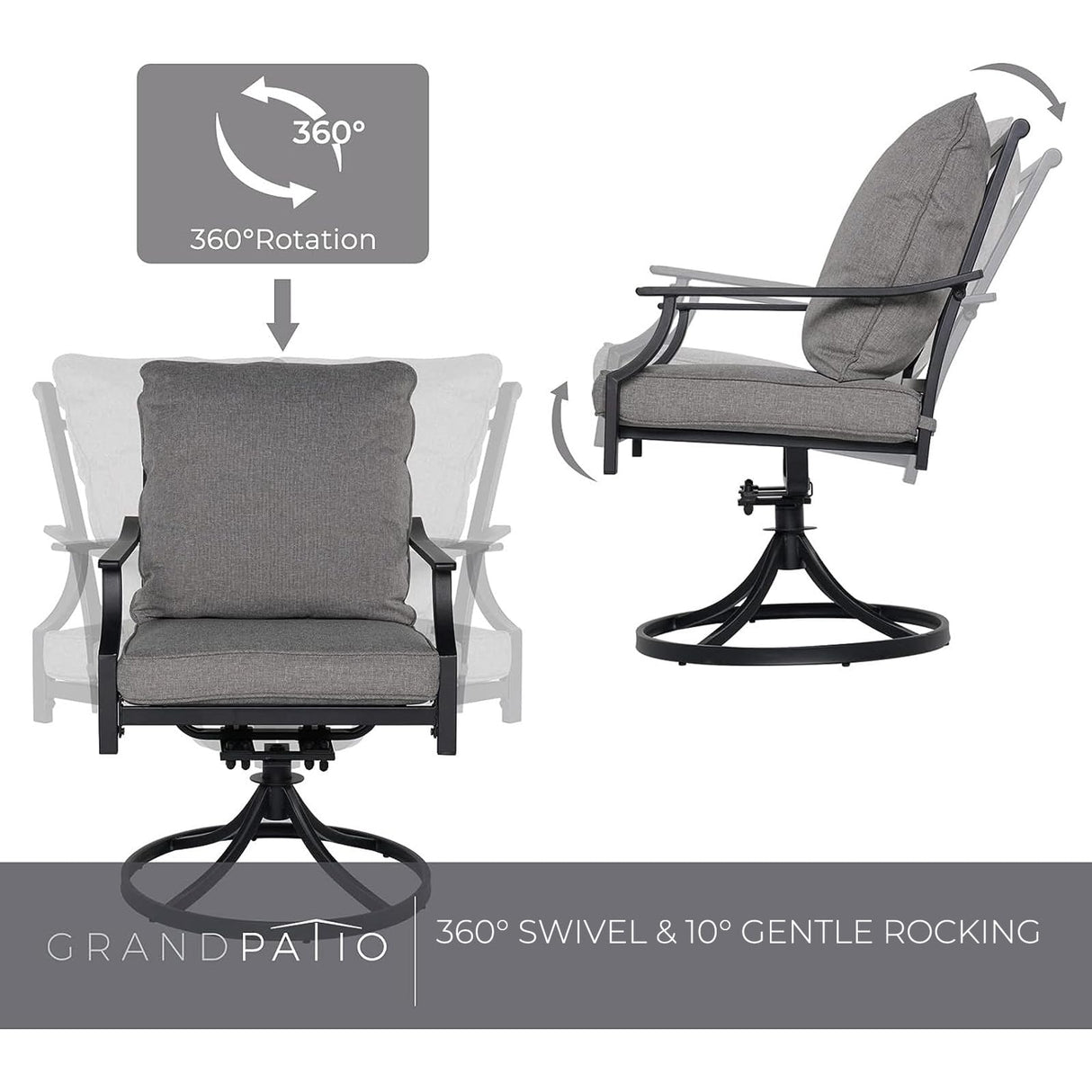 Grand patio 5-Piece Patio Dining Set for 4, E-Coated Outdoor Dining Set Swivel Patio Dining Chairs with Olefin Cushions & 1 Black Square Faux Woodgrain Dining Table with 1.5”Market Umbrella Hole Grand patio