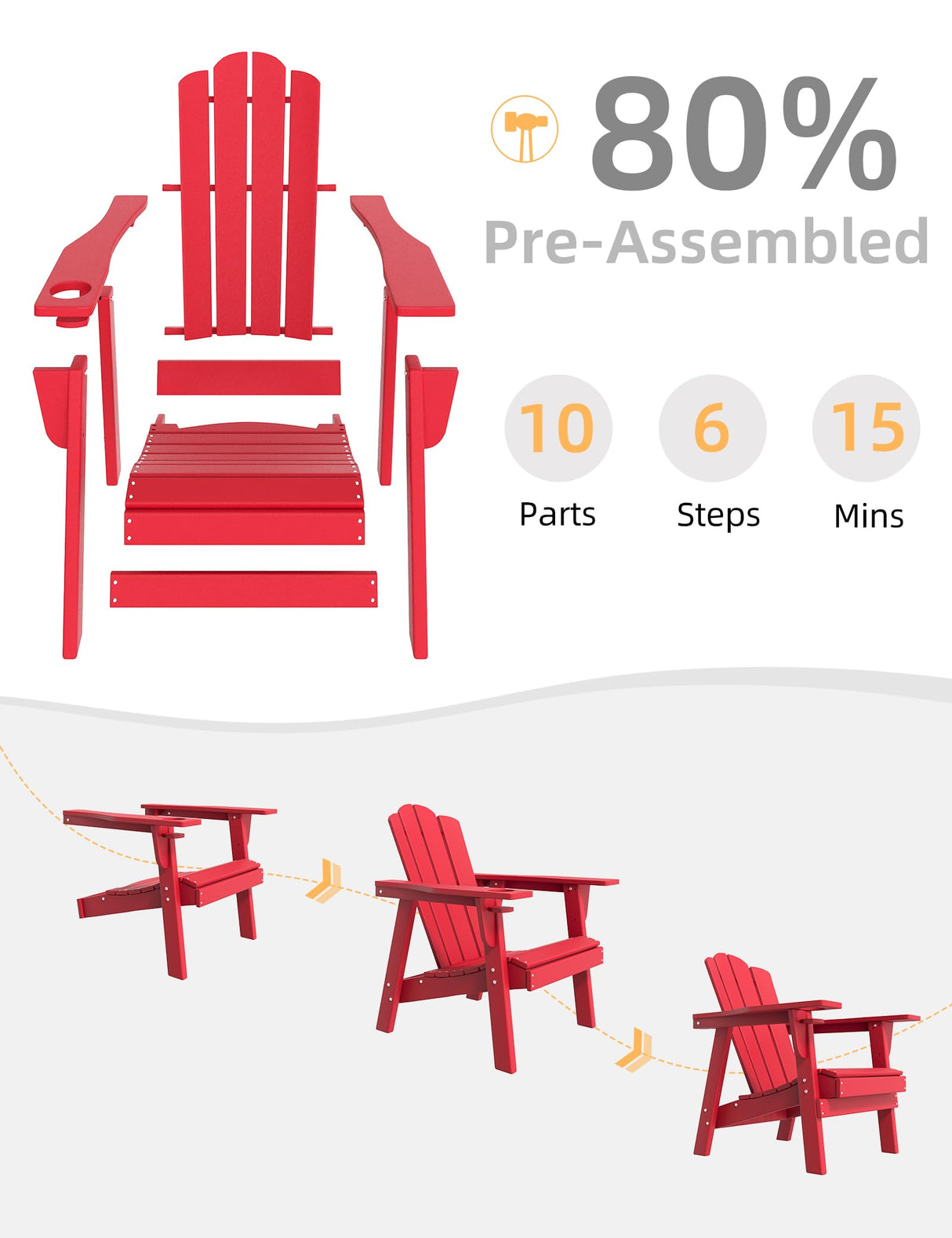 BUPPLEE Adirondack Chair - Durable HDPE Poly Lumber All-Weather Resistant, Oversized Balcony Porch Patio Outdoor Chair for Lawn, Backyard, Deck, Garden, Camping - Easy Installation, Red BUPPLEE