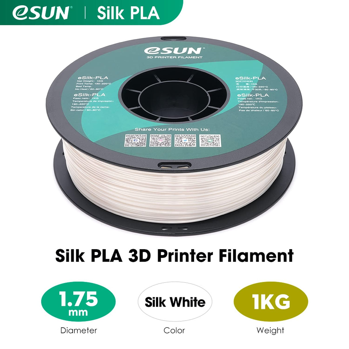 eSUN Silk PLA Filament 1.75mm, Silky Shiny 3D Printer Filament PLA, Dimensional Accuracy +/- 0.05mm, 1KG Spool (2.2 LBS) 3D Printing Filament for 3D Printers, Silk White eSUN