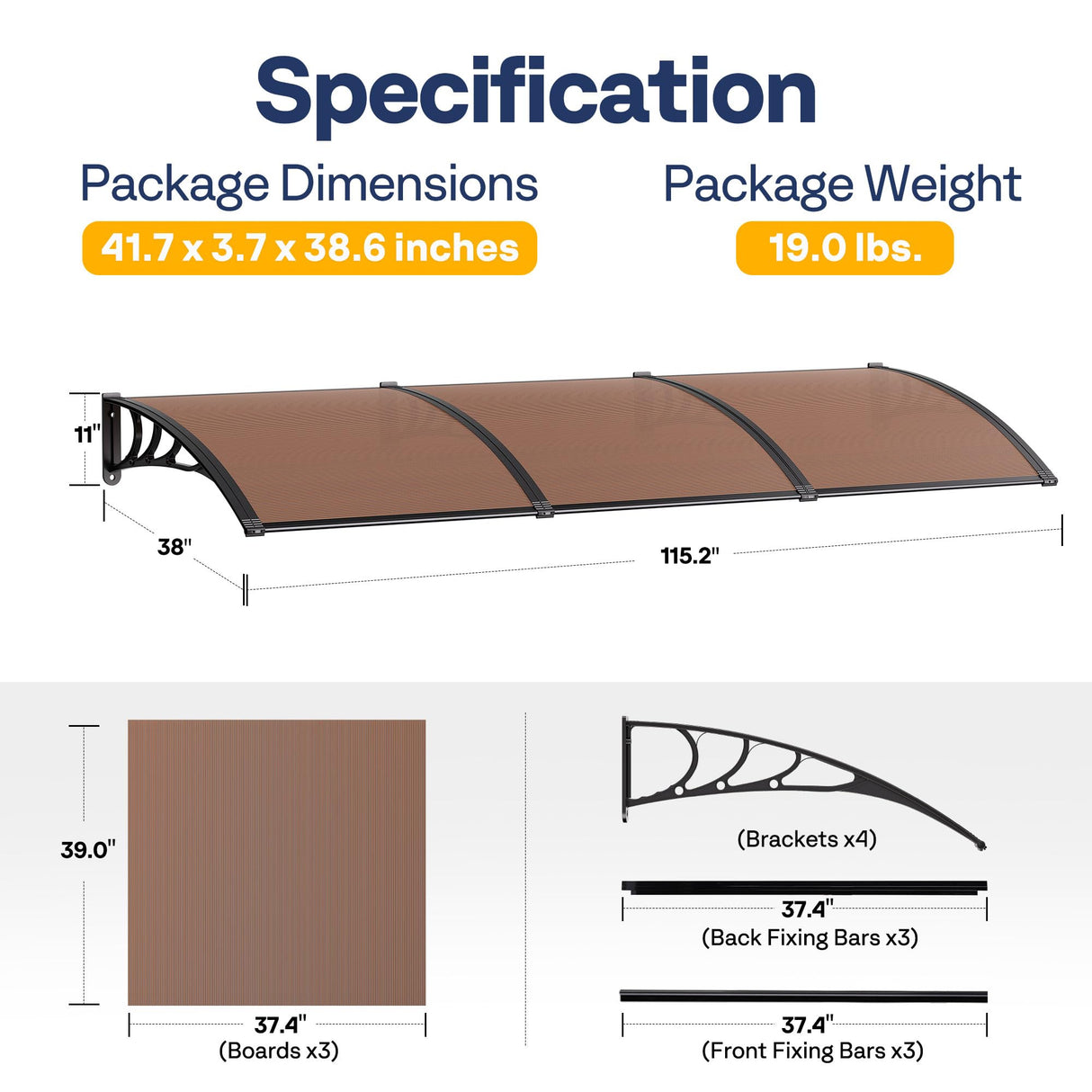 VIVOHOME Polycarbonate Window Door Awning Canopy Brown with Black Bracket 40 Inch x 120 Inch VIVOHOME