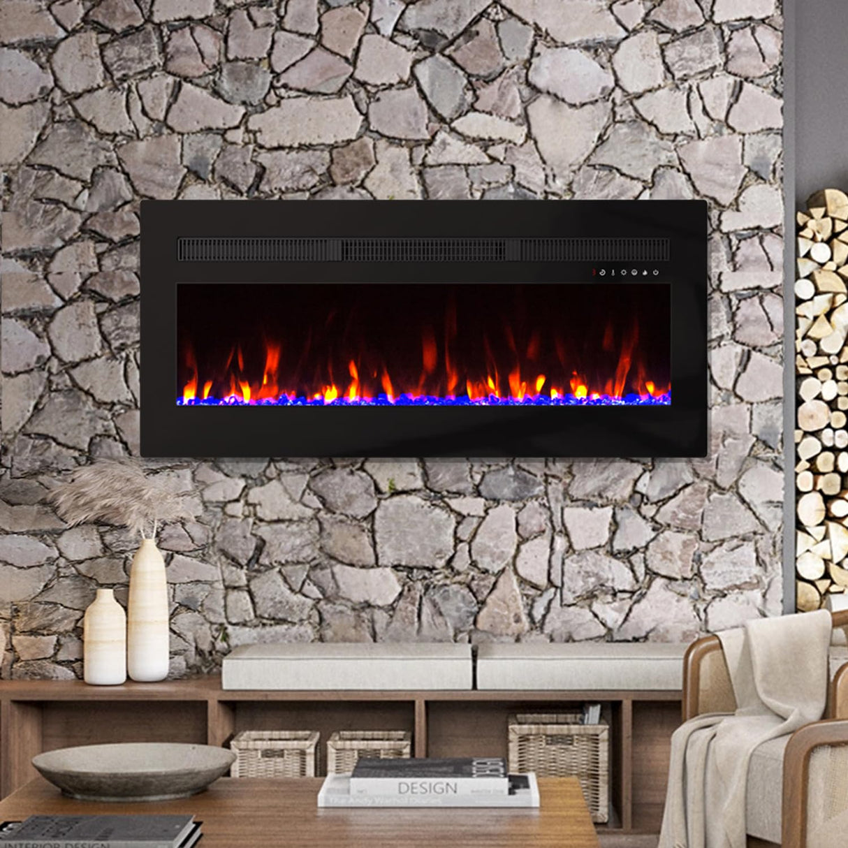 Panana Electric Fireplace Heater Wall Mounted, 60 inch Wide Recessed Electric Fireplace, 1400W, 8H Timer, 20 Color Flame, Remote Control, Log Set & Crystal Panana