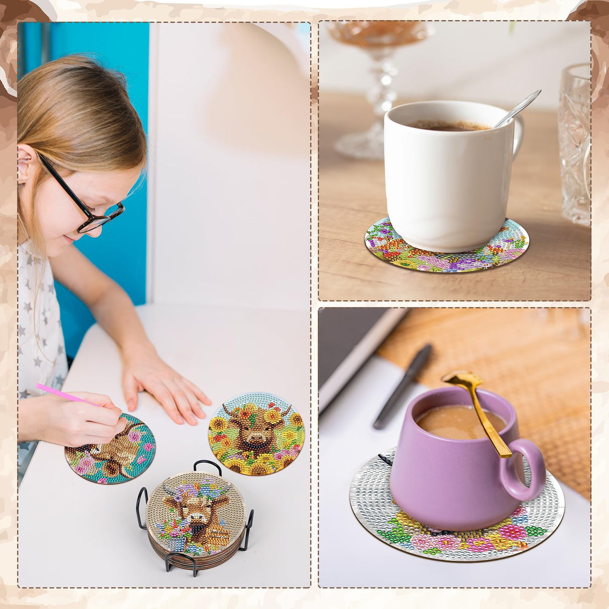 Sitsink Highland Cow Diamond Painting - 8 Pcs Highland Cow Lover Diamond Painting Coaster Kits for Adults, DIY Coasters Diamond Painting Kits Highland Cattle, Diamond Painting Coaster Kits with Holder Sitsink