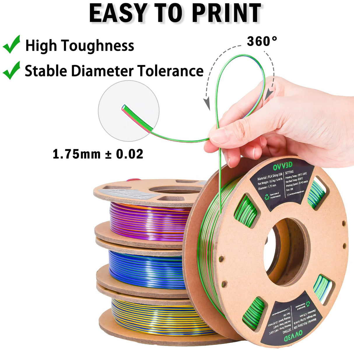 OVV3D 3D Printer Filament, Tri-Colors PLA Filament 1.75mm, Coextrusion Silk PLA Filament, Rainbow PLA Filament with Silk PLA Blue-Green-Orange, 3D Printing Filament +/-0.02mm, 1kg/2.2lbs OVVNYXE