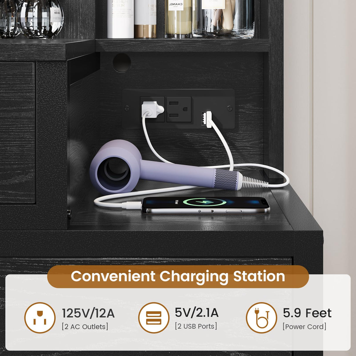 Tiptiper Makeup Vanity with Lights, Black Vanity Desk with Mirror & 3 Lighting Modes, Vanity Table with USB Ports and Outlets, Makeup Table with Nightstand & Storage Shelves & Drawers (Modern Black) Tiptiper