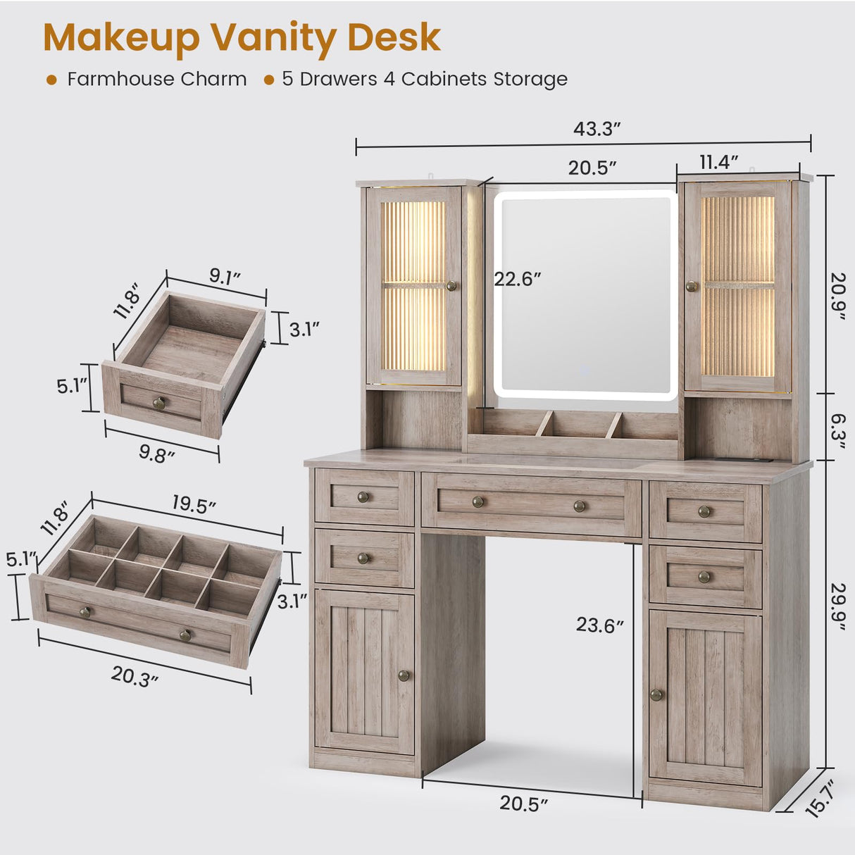 MSmask Vanity Desk with LED Mirror & 3 Color Modes, Large Makeup Vanity with 2 RGB Lights Cabinets, Glass Top Vanity Table with 5 Drawers & Power Outlet, Farmhouse Vanity, Grey MSmask