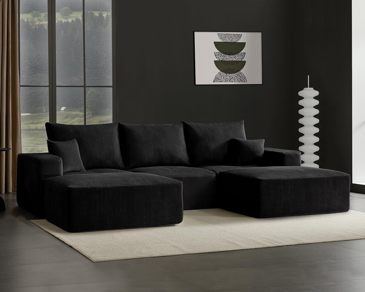 Boneless Sectional Cloud Couch Sofa for Living Room, 112" U-Shaped Modular Modern Lounge Sleeper Black Couches with Chaise, No Assemble, Cordury Compression Upholstered Sofas Gericco