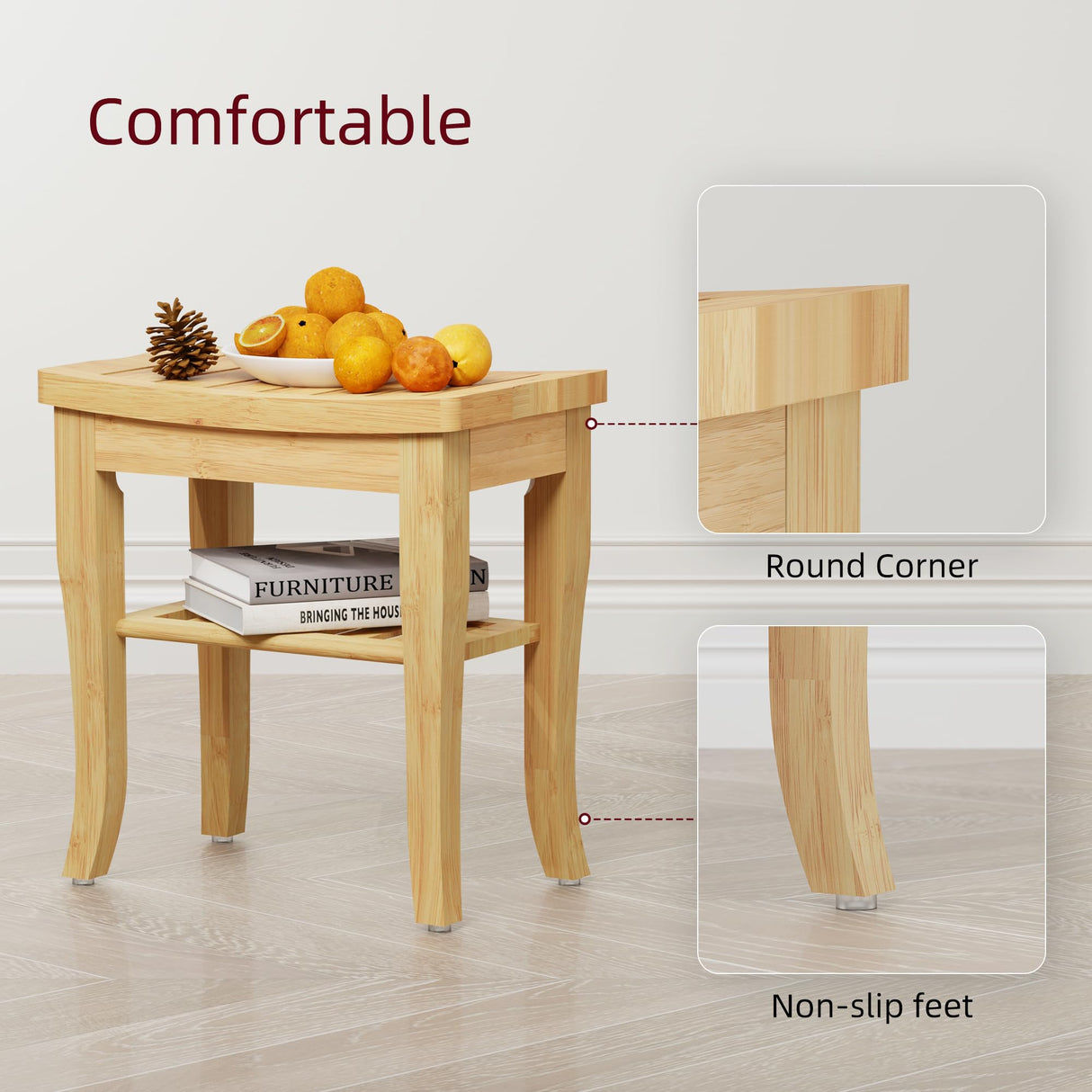 BEKVEM Bamboo Shower Bench, Spa Small Shower Stool for Inside Shower Waterproof, Bathroom Bench Seat with Storage Shelf for Adults Elderly Seniors, Wood Chair for Indoor or Outdoor Use, Natural BEKVEM