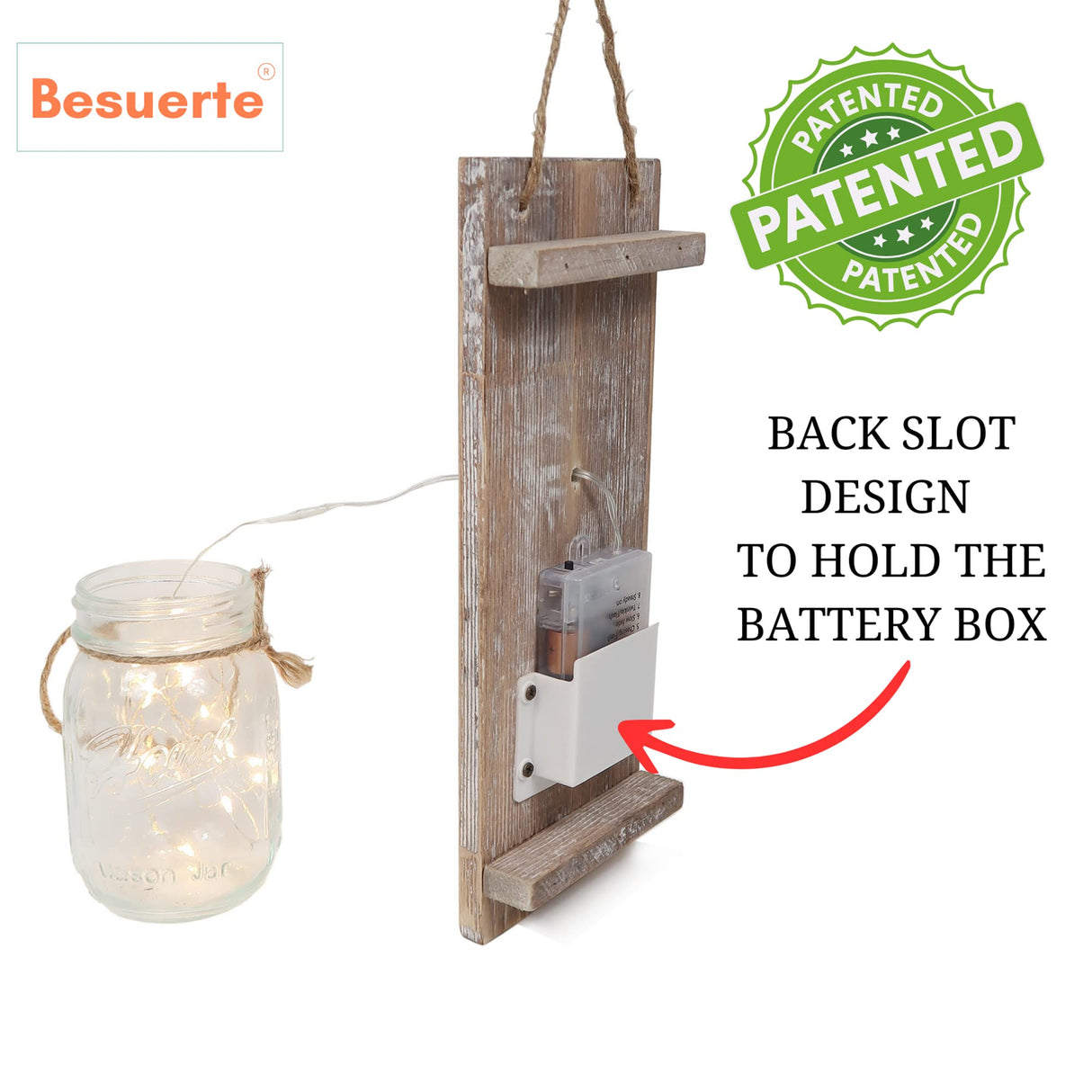 Besuerte Mason Jar Wall Decor Set of 2, Farmhouse Decor Living Room, Hanging Wall Decor with Remote Fairy Light and Rose Eucalyptus Flowers, Country Inspirational Rustic Wall Decor, Rustic Brown Besuerte