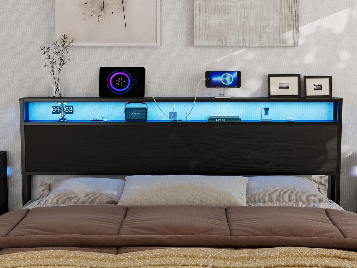 IKIFLY King Size LED Storage Headboard with Charging Station – Stylish Black Metal and Wood Design for Easy Bedroom Assembly IKIFLY
