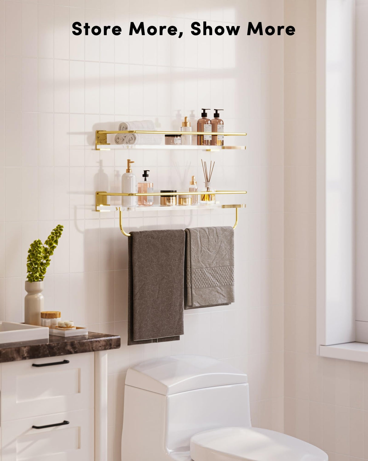 Onlysky Adhesive Bathroom Shelves, Acrylic Floating Bathroom Shelves, Rental Friendly Wall Shelf No Drill (Gold, 15.7 Inches) Onlysky